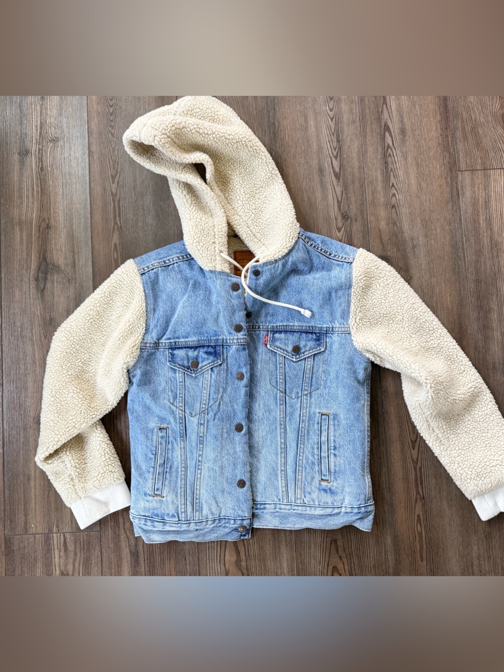 Levi's Light Blue Denim Jacket with Cream Sherpa Hood & Sleeves